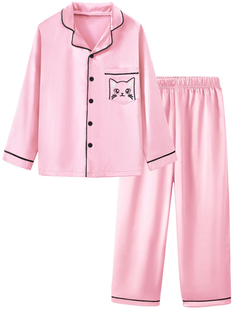 Mikrdoo Silk Pajamas for Girls: 2 Piece Long Sleeve Satin Pajamas for Kids Loungewear Set, Pink, 7-8 Years - Image 1