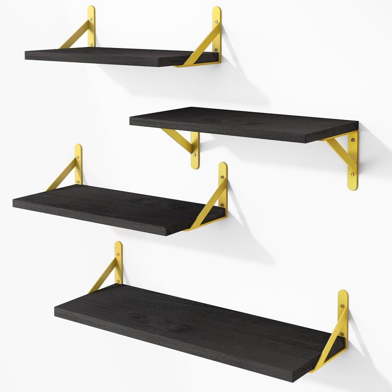 YGEOMER Floating Shelves for Wall Different Sizes Black Wall Shelves for Living Room Bathroom Bedroom Kitchen Home Decor Set of 4