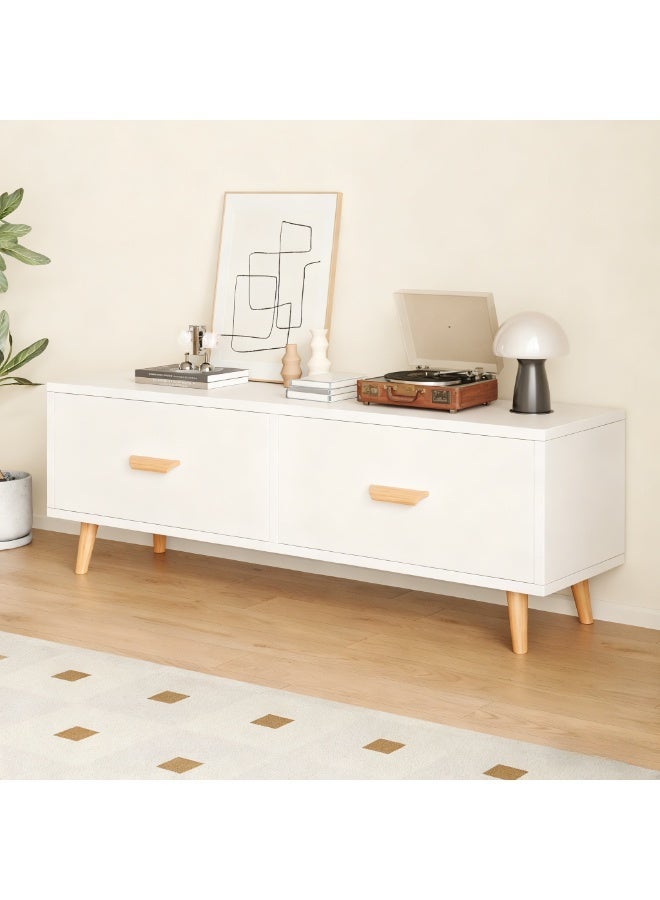 100CM TV Stand Table with 2 Large Drawers, Wooden High Legs Television Media Storage Cabinet, Small TV Desk for Bedroom Apartment Living Room, Center Long Coffee Table (White,CJ100) - Image 1