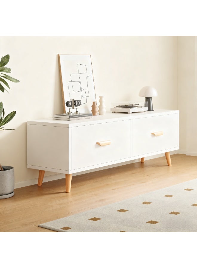 100CM TV Stand Table with 2 Large Drawers, Wooden High Legs Television Media Storage Cabinet, Small TV Desk for Bedroom Apartment Living Room, Center Long Coffee Table (White,CJ100) - Image 3
