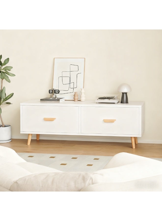 100CM TV Stand Table with 2 Large Drawers, Wooden High Legs Television Media Storage Cabinet, Small TV Desk for Bedroom Apartment Living Room, Center Long Coffee Table (White,CJ100) - Image 2