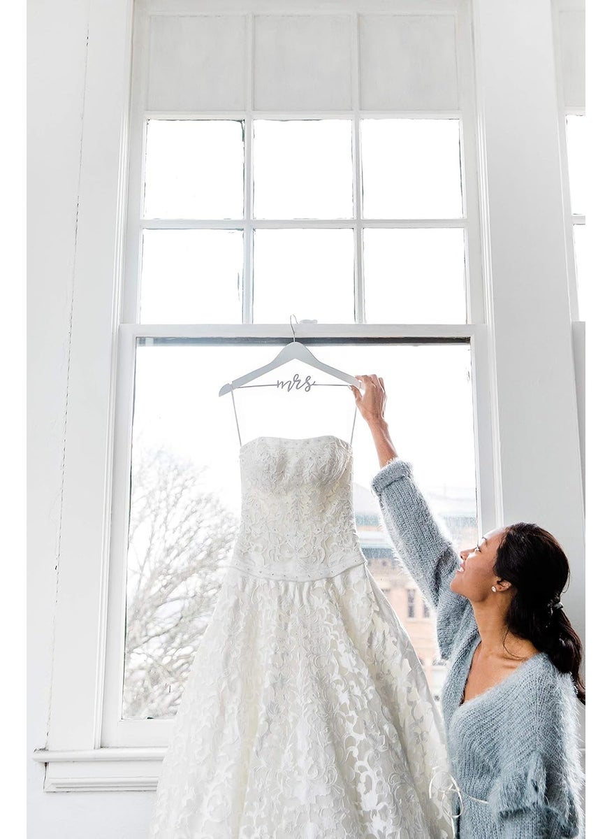 pearhead Pearhead Mrs Wedding Dress Hanger for Bride to Be  Elegant Bridal Hanger Ideal Keepsake for Wedding Day Photos and Gift for Bride Wooden Hanger with Cursive Wire Lettering White and Silver  - Image 2