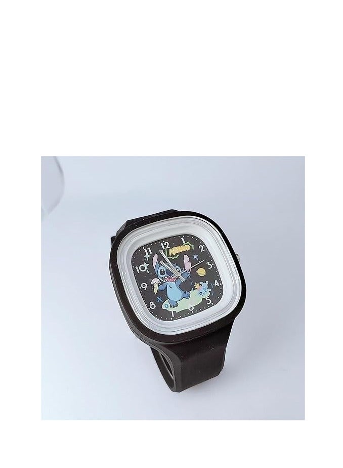 Black Square Cartoon Stylish Pattern Children's Watch Silicone Strap Suitable for Kids of All Ages Gift Watches - Image 2