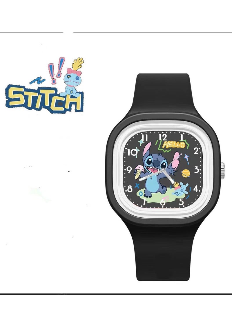 Black Square Cartoon Stylish Pattern Children's Watch Silicone Strap Suitable for Kids of All Ages Gift Watches - Image 1