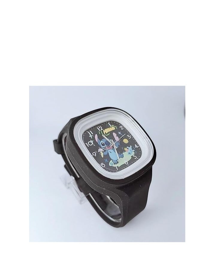 Black Square Cartoon Stylish Pattern Children's Watch Silicone Strap Suitable for Kids of All Ages Gift Watches - Image 3