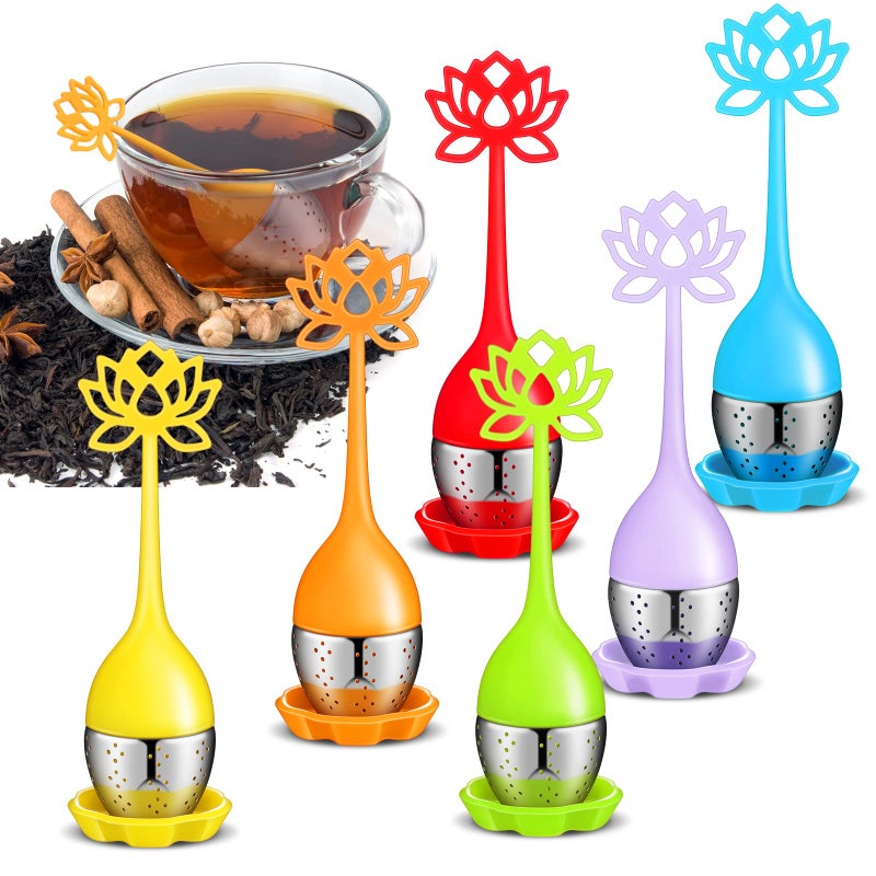 Set of 6 Silicone Tea Infuser Filter Loose Leaf Steeper Flower Tea Strainer Spoon Stainless Steel Loose Leaf Ball Handle Silicone Mesh Cup Filter StrainerLotus