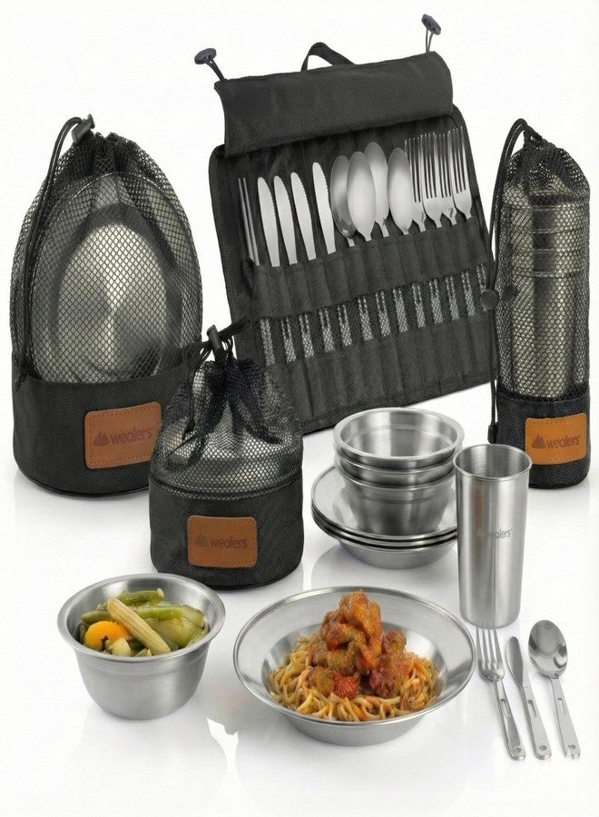 Wealers Unique Complete Messware Kit Polished Stainless Steel Dishes Set| Tableware| Dinnerware| Camping| Buffet| Includes - Cups | Plates| Bowls| Cutlery| Comes in Mesh Bags (4 Person Set) (Black) - Image 1
