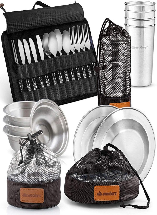 Wealers Unique Complete Messware Kit Polished Stainless Steel Dishes Set| Tableware| Dinnerware| Camping| Buffet| Includes - Cups | Plates| Bowls| Cutlery| Comes in Mesh Bags (4 Person Set) (Black) - Image 5