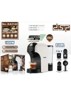 دي اس بي DSP Espresso Coffee Machine 1400W, 850ml, 20 Bar Pressure – KA3142 – 3-in-1 Multi Capsule Coffee Maker with Touch Panel 