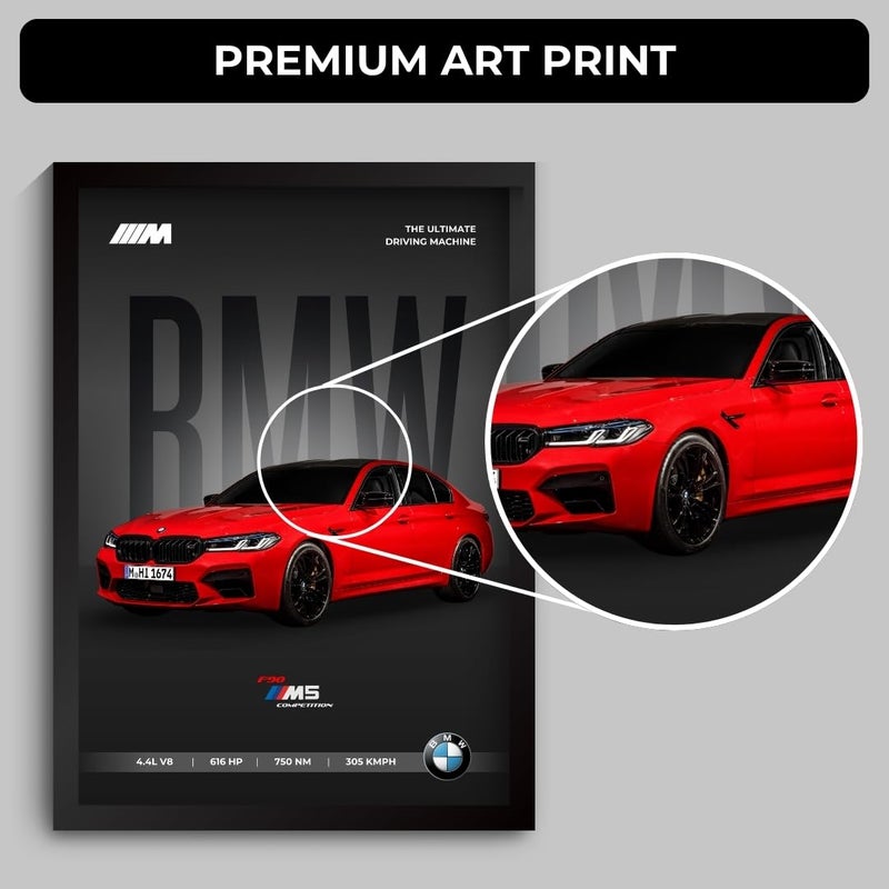 Funk You Store Engineered Wood BMW M5 Poster | Framed BMW A4 Sized (31 x 23 cm) | Car Poster for Wall, Gift for Boys, Sportcar Frames | Car Posters for Wall, Bedroom, Hostel, Study Area, Hostel - Image 4