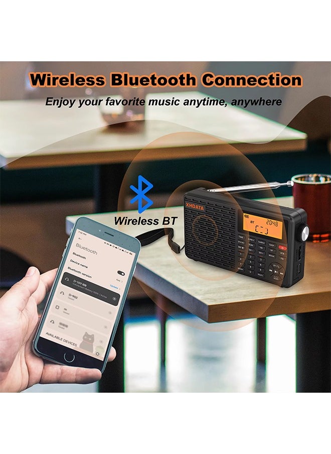 XHDATA - XHDATA D-109 Stereo Digital Portable Radio AM SW MW FM Radio Bluetooth Compatible Multifunctional Radio Support TF Card Player - Image 1