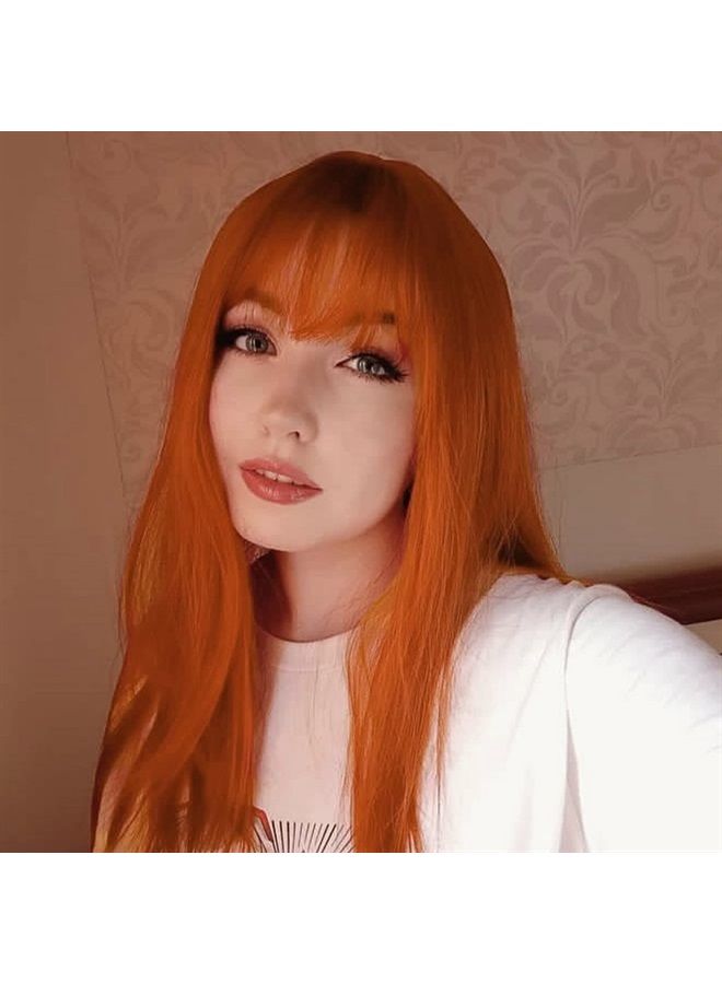 ANOGOL Hair Cap+32inch/80cm Orange Wig Long Straight Wigs With Bangs Cosplay Wig Synthetic Hair Wigs Peluca Naranja For Anime Cosplay Wig Ginger Wig With Bangs for Halloween Costumes Women Wigs Cospla - Image 5