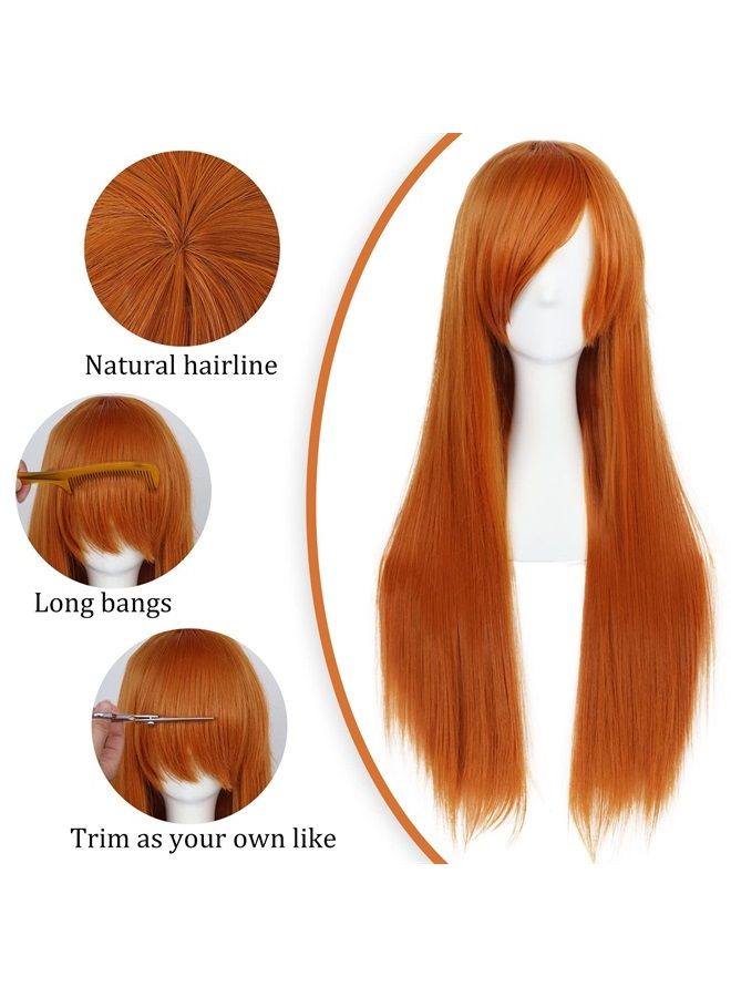 ANOGOL Hair Cap+32inch/80cm Orange Wig Long Straight Wigs With Bangs Cosplay Wig Synthetic Hair Wigs Peluca Naranja For Anime Cosplay Wig Ginger Wig With Bangs for Halloween Costumes Women Wigs Cospla - Image 3