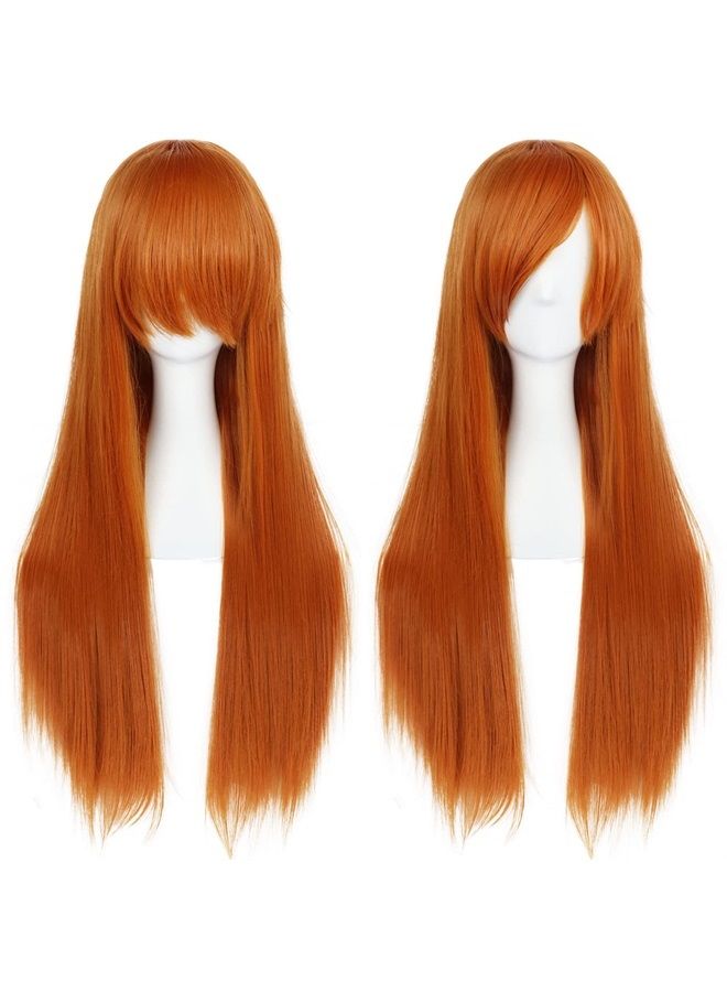 ANOGOL Hair Cap+32inch/80cm Orange Wig Long Straight Wigs With Bangs Cosplay Wig Synthetic Hair Wigs Peluca Naranja For Anime Cosplay Wig Ginger Wig With Bangs for Halloween Costumes Women Wigs Cospla - Image 2