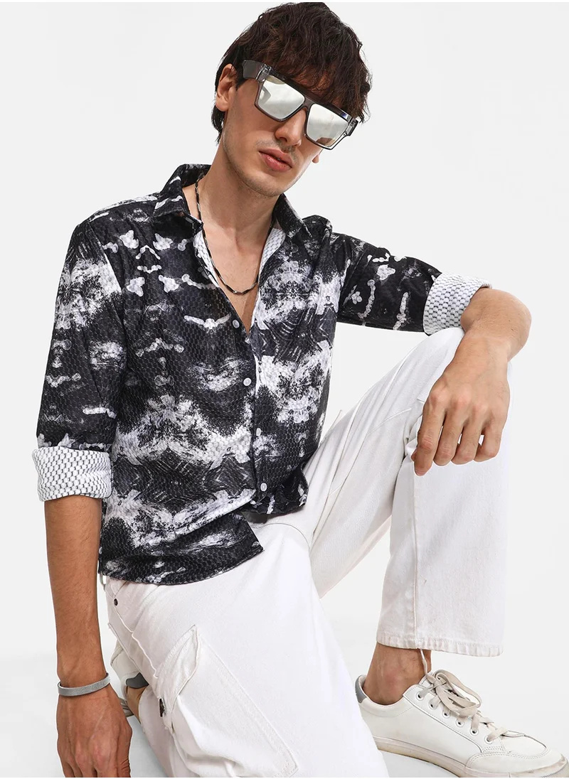 كامبوس سوترا Men's Midnight Black & Ivory White Reptilia Shirt