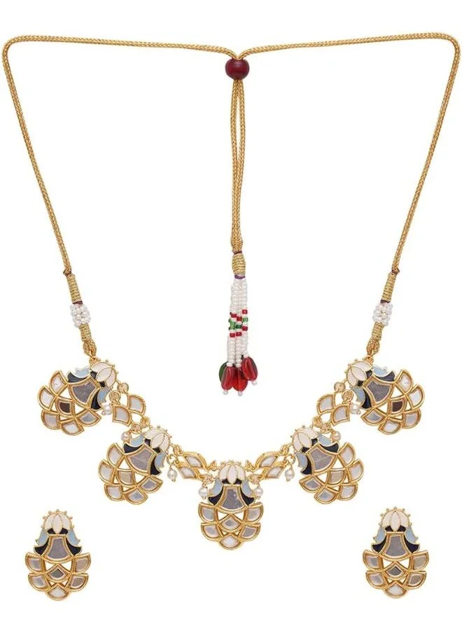 VOYLLA Festive Hues Mirror Work Enamelled Brass Gold Plated Choker Jewellery Set