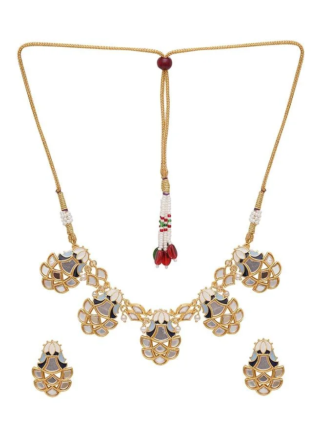 VOYLLA Festive Hues Mirror Work Enamelled Brass Gold Plated Choker Jewellery Set