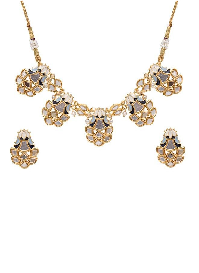 VOYLLA Festive Hues Mirror Work Enamelled Brass Gold Plated Choker Jewellery Set  - Image 2