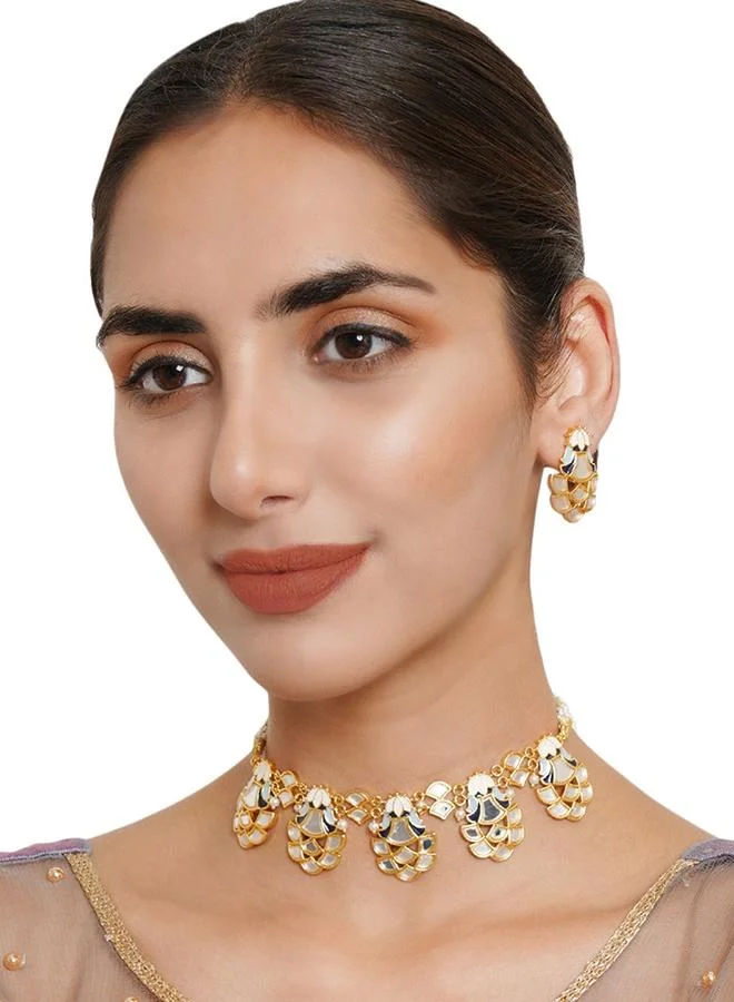 VOYLLA Festive Hues Mirror Work Enamelled Brass Gold Plated Choker Jewellery Set