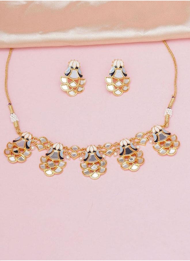 VOYLLA Festive Hues Mirror Work Enamelled Brass Gold Plated Choker Jewellery Set  - Image 1