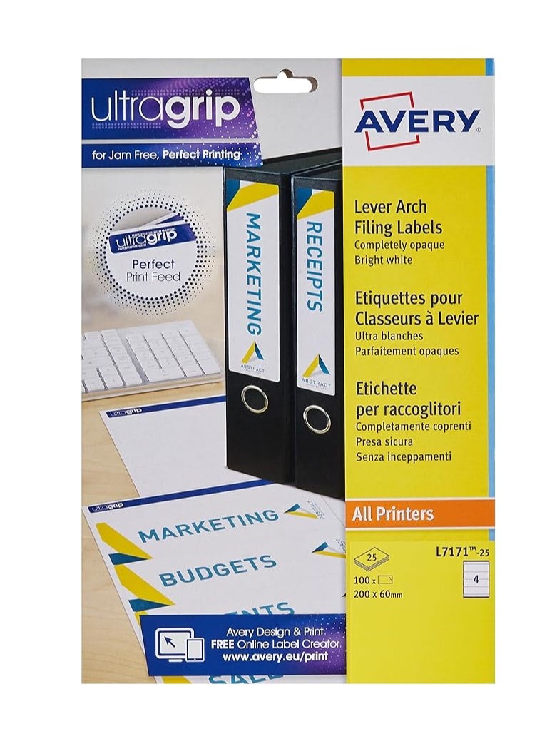 AVERY - Avery L7171-25 Self-Adhesive Lever Arch File Labels, 4 Labels Per A4 Sheet, 100 Labels Per Pack, White - Image 1