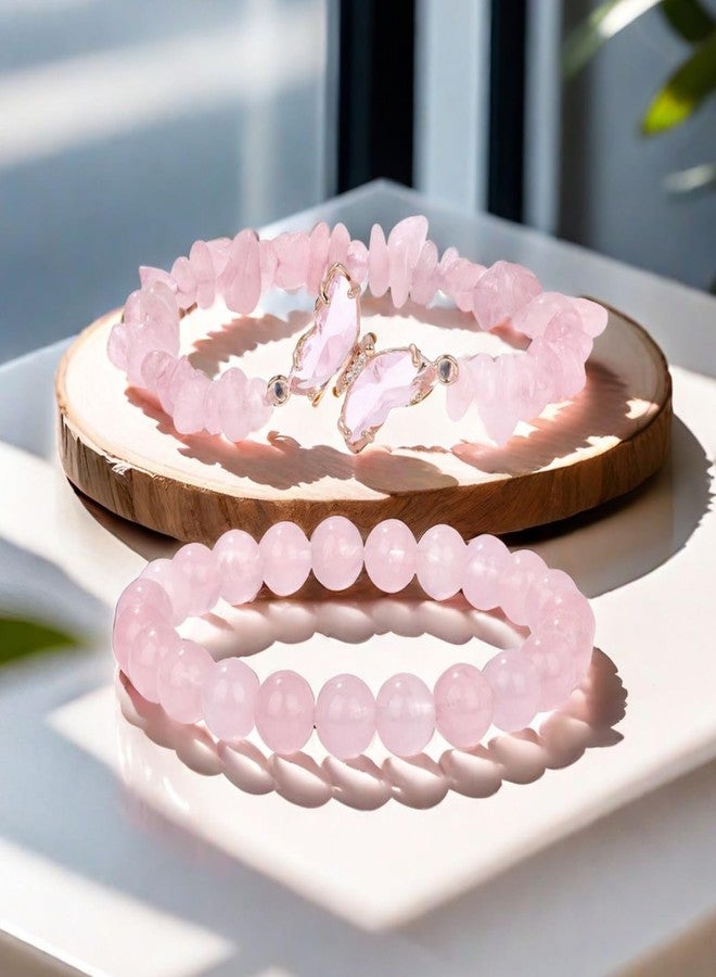 REHANDLE 2pcs Rose Quartz Butterfly Bracelet - Pink Quartz Charm Healing Crystal Bracelet for Women - Image 4