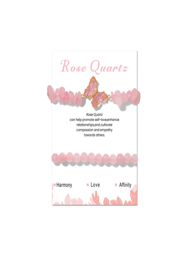 REHANDLE 2pcs Rose Quartz Butterfly Bracelet - Pink Quartz Charm Healing Crystal Bracelet for Women - Image 1