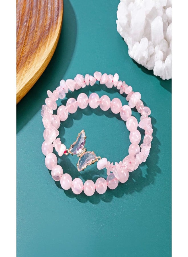 REHANDLE 2pcs Rose Quartz Butterfly Bracelet - Pink Quartz Charm Healing Crystal Bracelet for Women - Image 3