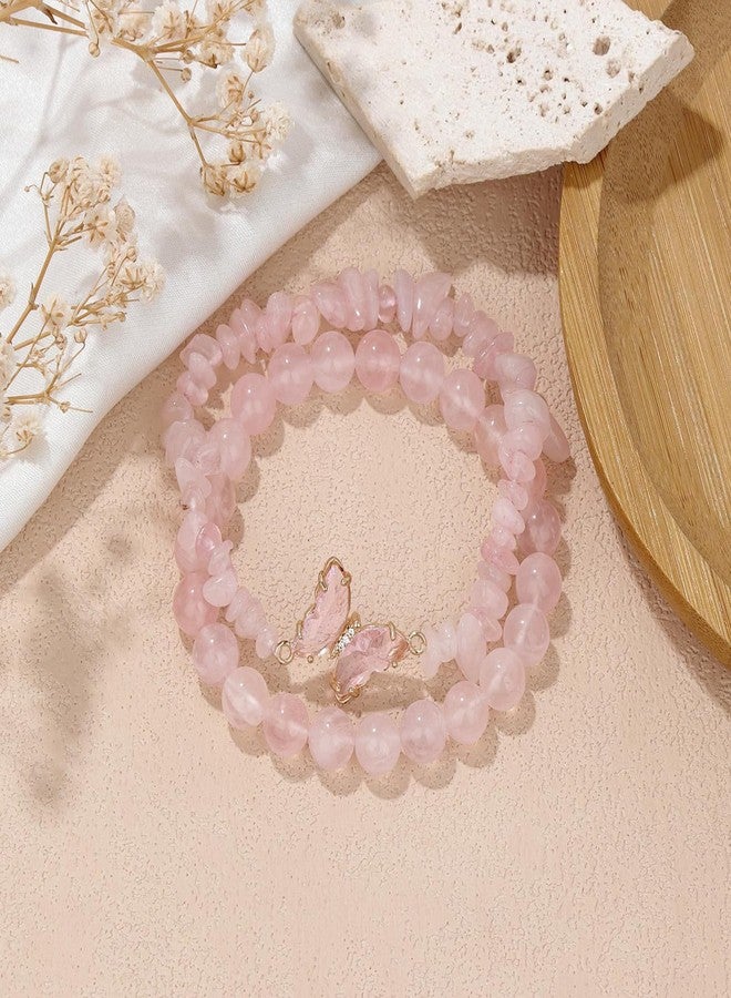 REHANDLE 2pcs Rose Quartz Butterfly Bracelet - Pink Quartz Charm Healing Crystal Bracelet for Women - Image 5