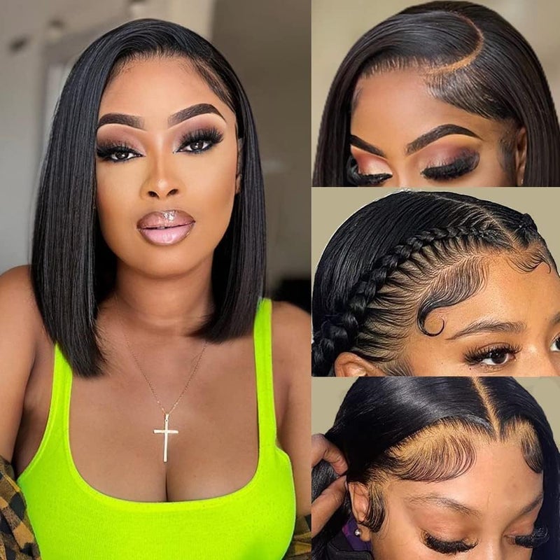 Lace Front Bob Wigs Human Hair Pre Plucked 13x4 Lace Frontal Wigs Human Hair With Baby Hair Bleached Knots Virgin Glueless Wigs for Black Women 180 Density Natural Color 10inch