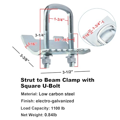 heneng 4 Pcs Strut Beam Clamp for 1-5/8" Strut Channel, 1100 lbs Load Capacity (Each), Square U-Bolt Beam Clamp - Image 2