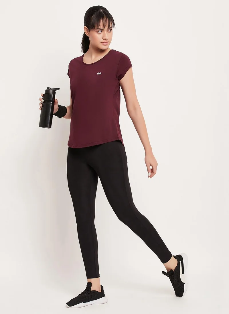 Clovia Clovia Comfort Fit Active T-shirt in Maroon - Cotton