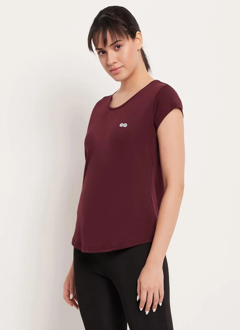 Clovia Clovia Comfort Fit Active T-shirt in Maroon - Cotton