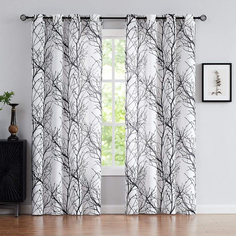 FMFUNCTEX Black White Sheer Curtains for Living-Room 96"" Long Tree Branch Window Draperies for Bedroom Modern Print Semi-Sheer Curtain Panels 2 Panels  Grommet Top - Image 1