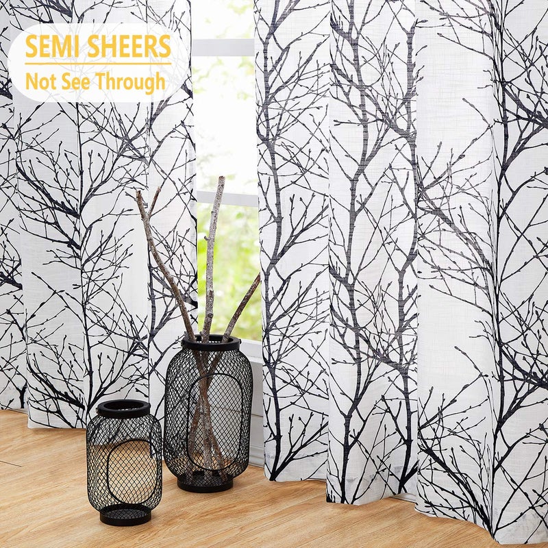 FMFUNCTEX Black White Sheer Curtains for Living-Room 96"" Long Tree Branch Window Draperies for Bedroom Modern Print Semi-Sheer Curtain Panels 2 Panels  Grommet Top - Image 3