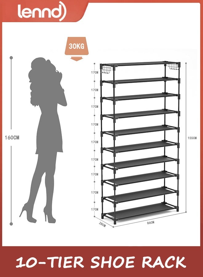 LENND 10-Tier Shoe Rack - Large Capacity 50 Pair Organizer with Two Hooks - Sturdy Metal Shoe Shelf for Entryway, Closet, Bedroom - Image 2