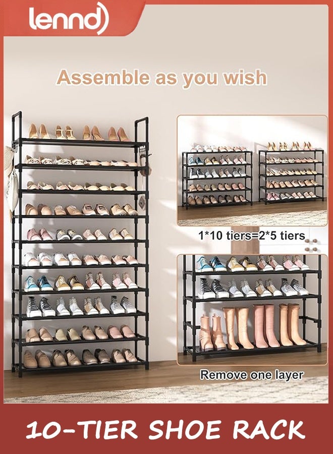 LENND 10-Tier Shoe Rack - Large Capacity 50 Pair Organizer with Two Hooks - Sturdy Metal Shoe Shelf for Entryway, Closet, Bedroom - Image 5