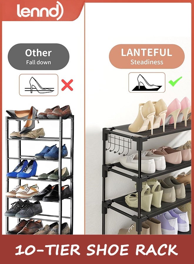 LENND 10-Tier Shoe Rack - Large Capacity 50 Pair Organizer with Two Hooks - Sturdy Metal Shoe Shelf for Entryway, Closet, Bedroom - Image 3