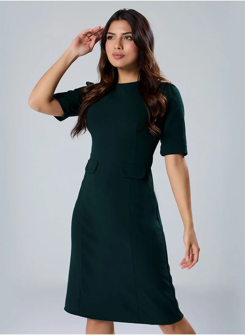 Zigzag High Neck Midi Length Formal Green Dress