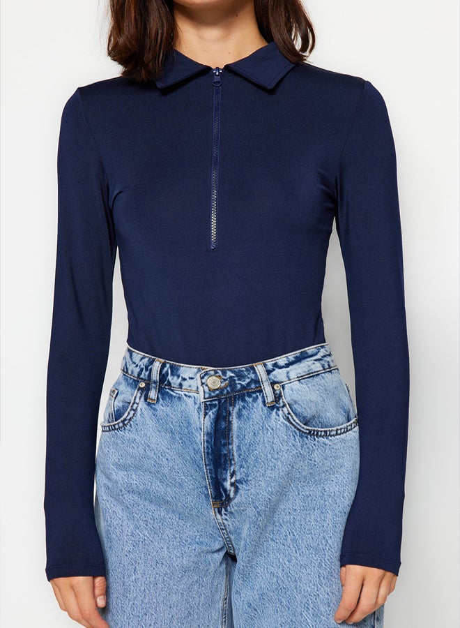 trendyol Navy Blue Zipper Collar Detailed Snap Snap Elastic Knitted Bodysuit TWOAW24BD00005 - Image 2