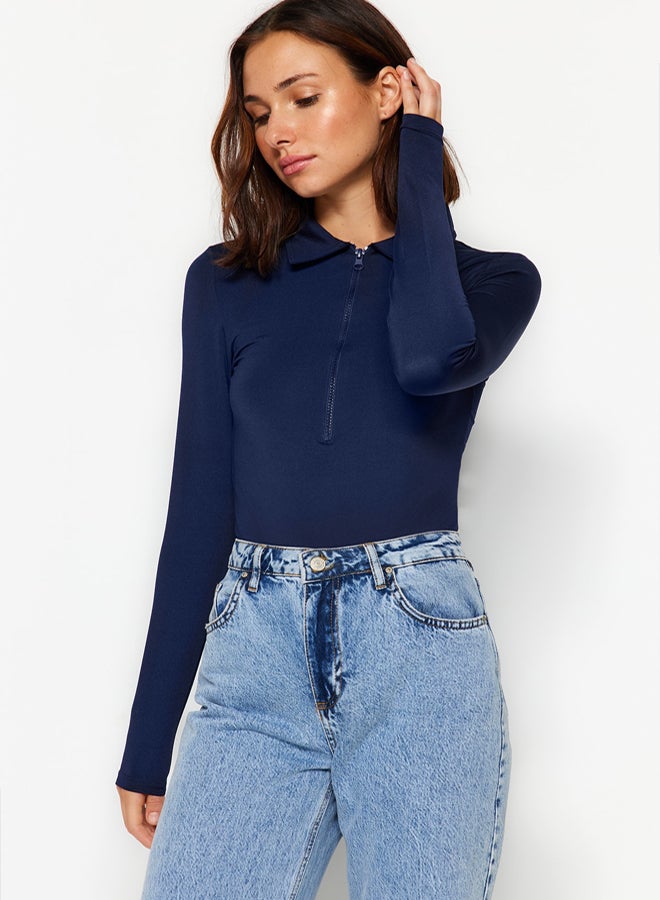 trendyol Navy Blue Zipper Collar Detailed Snap Snap Elastic Knitted Bodysuit TWOAW24BD00005 - Image 3