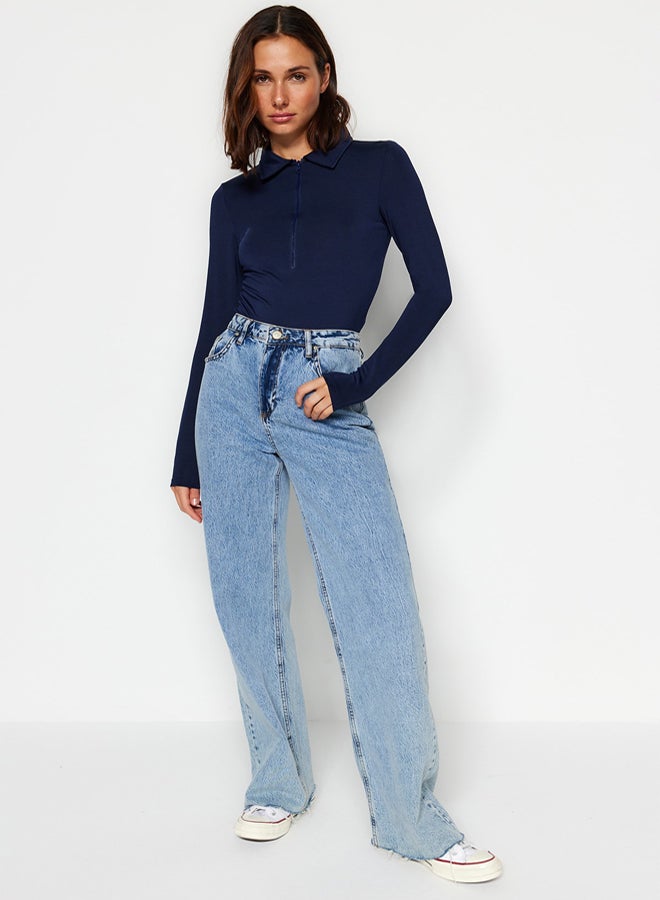 trendyol Navy Blue Zipper Collar Detailed Snap Snap Elastic Knitted Bodysuit TWOAW24BD00005 - Image 4