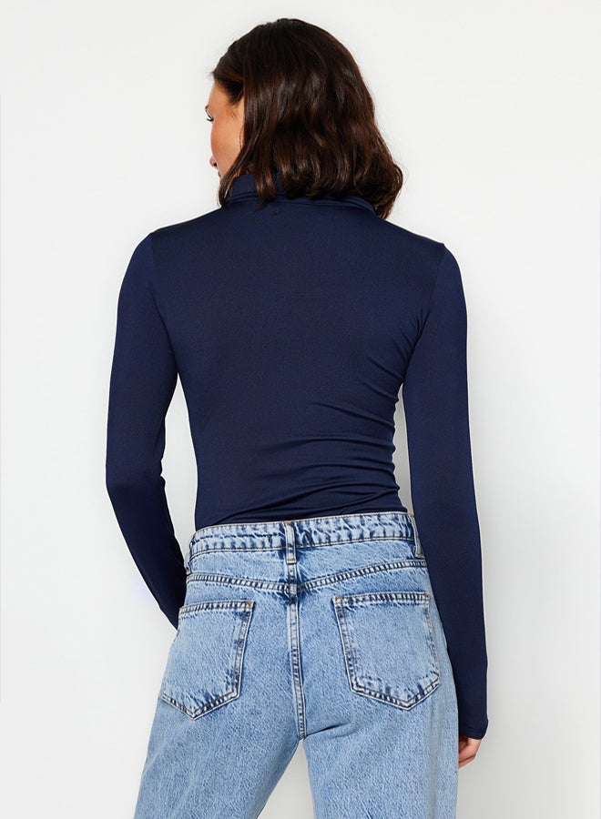 trendyol Navy Blue Zipper Collar Detailed Snap Snap Elastic Knitted Bodysuit TWOAW24BD00005 - Image 5