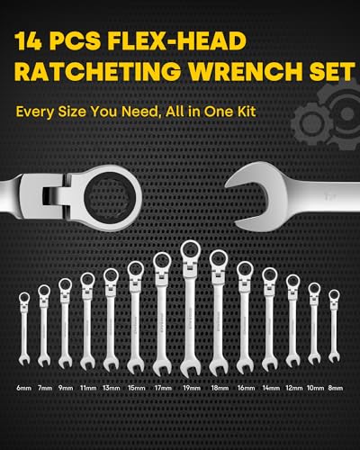 Enventor 14 Pieces Ratcheting Wrench Set, Metric 6-19mm, 180° Flex Head, CR-V Steel, 72-Teeth, 12-Point Combination Ratchet Wrenches Set with Rolling Pouch - Image 2