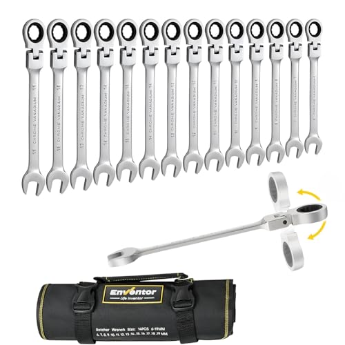 Enventor 14 Pieces Ratcheting Wrench Set, Metric 6-19mm, 180° Flex Head, CR-V Steel, 72-Teeth, 12-Point Combination Ratchet Wrenches Set with Rolling Pouch - Image 1