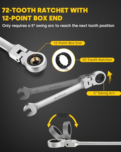 Enventor 14 Pieces Ratcheting Wrench Set, Metric 6-19mm, 180° Flex Head, CR-V Steel, 72-Teeth, 12-Point Combination Ratchet Wrenches Set with Rolling Pouch - Image 3