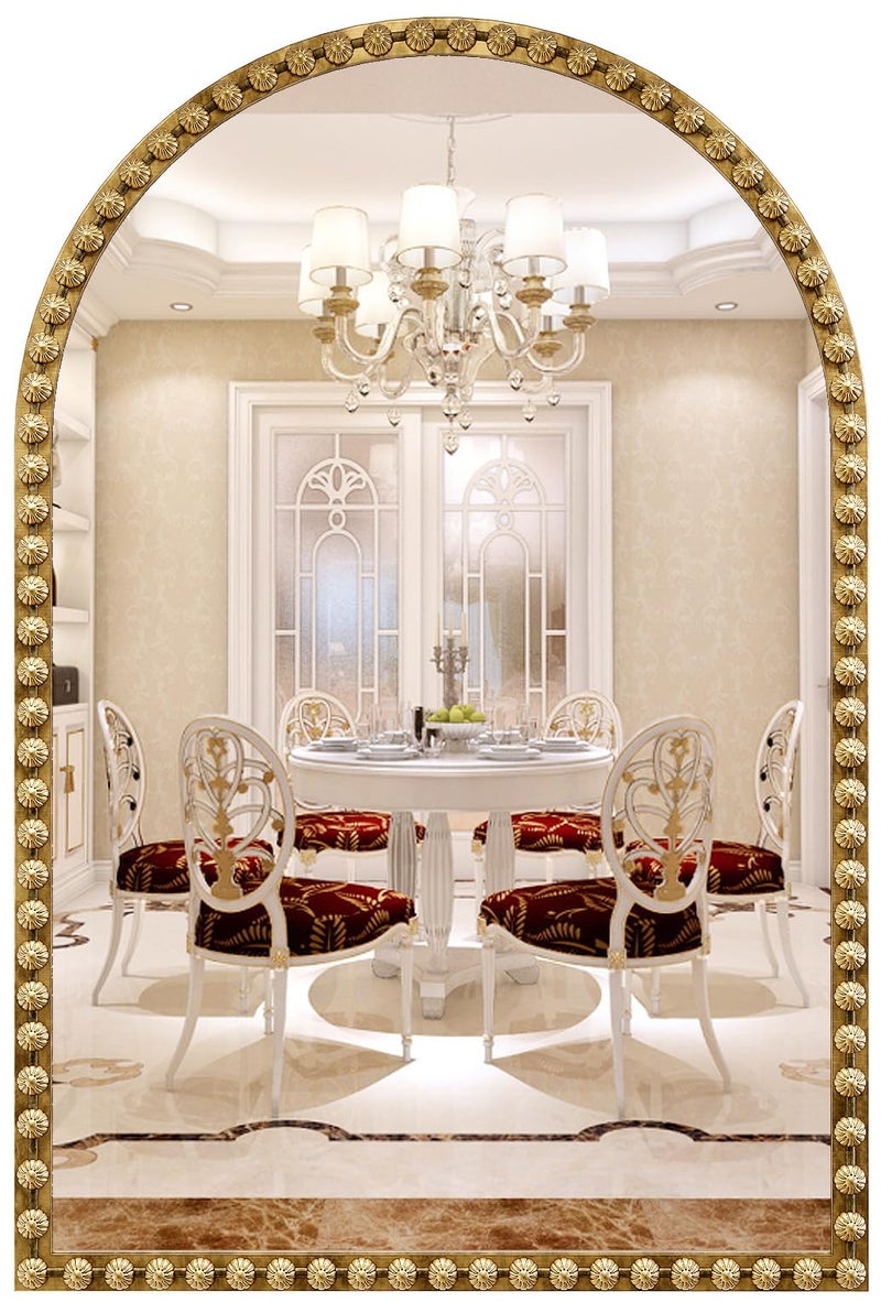 JIINGYO Arched Mirror for Wall, 22"x30" Gold Arch Bathroom Vanity Mirror, Metal Floral Frame Decorative Arch Wall Mirrors, Antique Gold Arched Mirrors for Washroom, Bedroom, Entryway, Living Room - Image 1