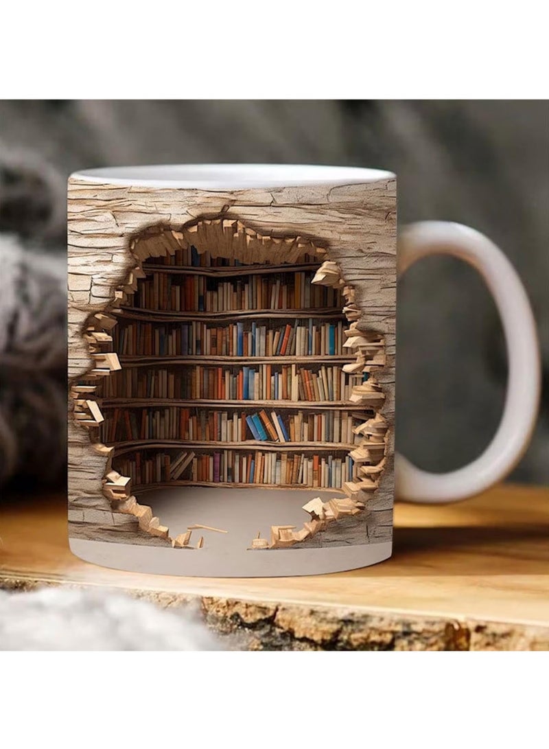 كوب رف كتب ثلاثي الأبعاد - كوب رف مكتبة، كوب قهوة لعشاق الكتب، كوب سيراميك ثلاثي الأبعاد متعدد الاستخدامات بتصميم فضائي إبداعي (الموديل-ب) - Image 1