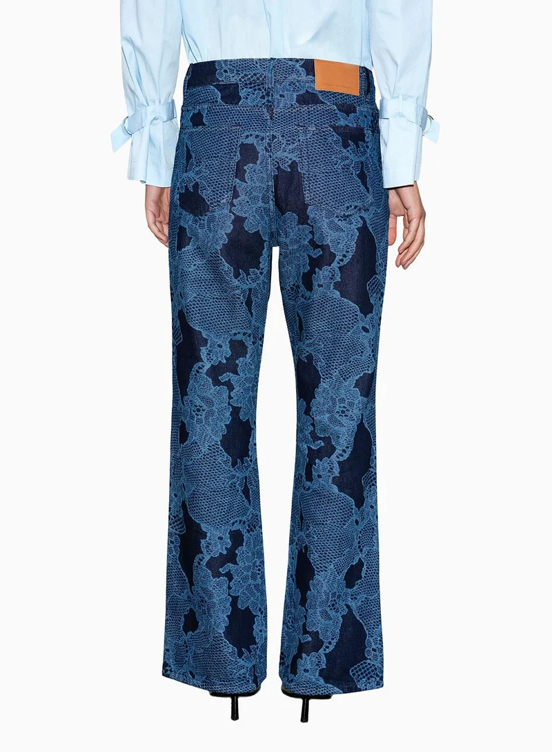 French Connection Jennie Denim Lace Print Flared Jeans