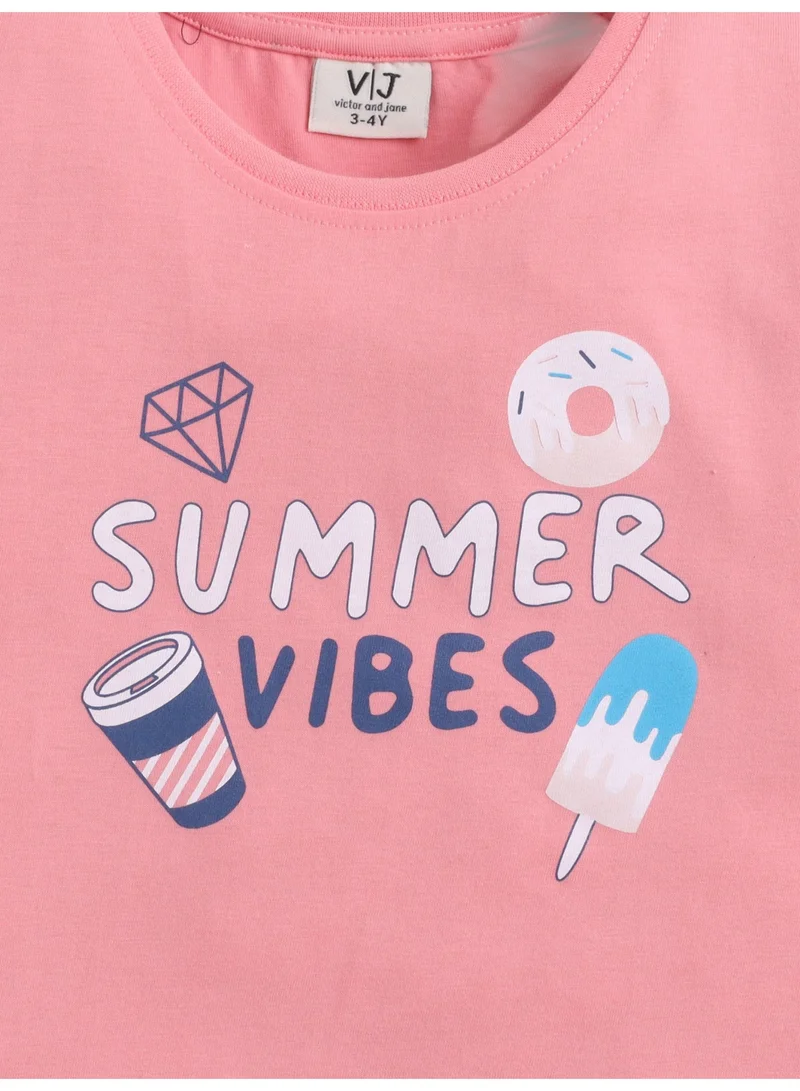 Victor And Jane  Girls Summer Vibes Print Cotton Pajama Set – T-Shirt & Shorts Nightwear for Women | Best Price UAE